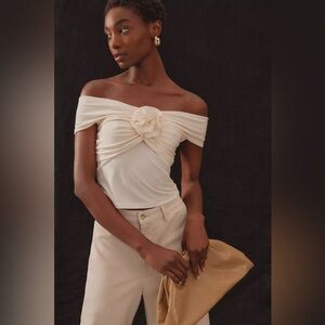 REFORMATION Emerald Cream Beige Ruffle Rosebud Cotton Off the Shoulder Top - S